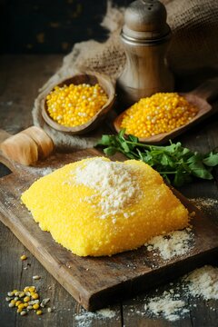 Yellow polenta with cornmeal and grits on wooden board