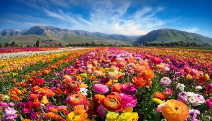 Photograph Of A Field Of Brightly Colored Ranunculus Flowers In A Flower Field