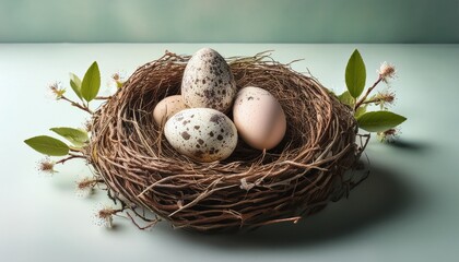 Minimal Easter Still Life Featuring Speckled Eggs Arranged In A Rustic Nest Symbolizing Spring Nature And Seasonal Celebration