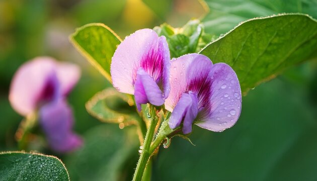 Linda E Delicada Flor Lilas Crescendo Em Plantacao De Feijao Florescimento Da Leguminosa Em Fazenda Familiar Flora Do Feijoeiro Com Goticulas De Agua