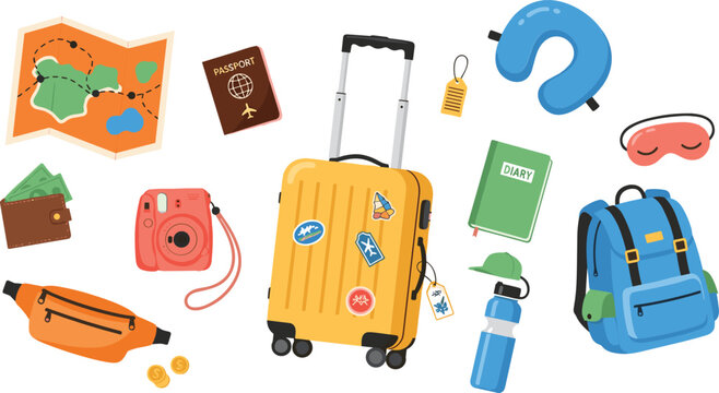 Travel accessories set including suitcase passport camera and backpack isolated on white background tourism vector illustration
