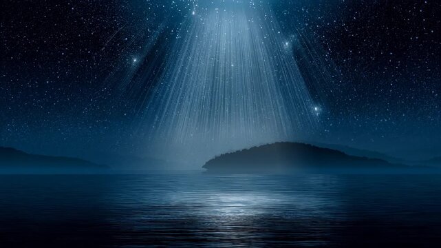 Dramatic night sky with illuminated water and island