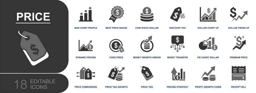 Price icon set. Containing discount tag, fixed price, dynamic pricing, price comparison, premium price, pricing strategy, profit growth, receipt bill and more. Solid vector icons collection.