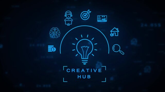 Luminous blue neon lightbulb signifying creative thought and innovation, accompanied by of AI brain, finance, customer service, and objective on a dark, digitally textured background with