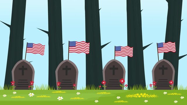 row of gravestones in dark forest with american flags for memorial day