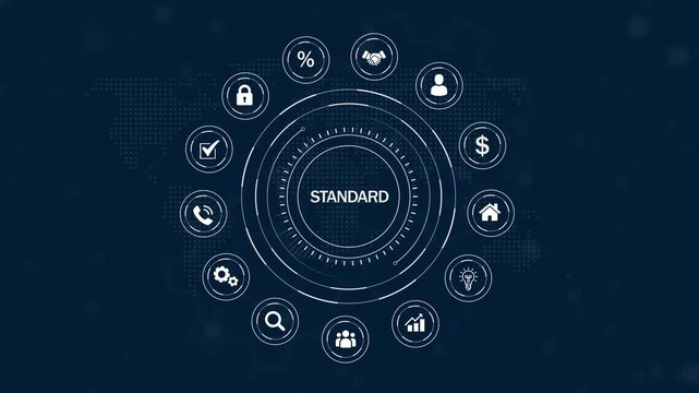 Digital infographic circle with the word STANDARD at its core and twelve white business concept on a dark blue global map background