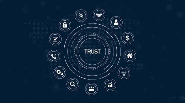 Digital infographic circle with the word TRUST at its center and twelve white business concept on a dark blue map background