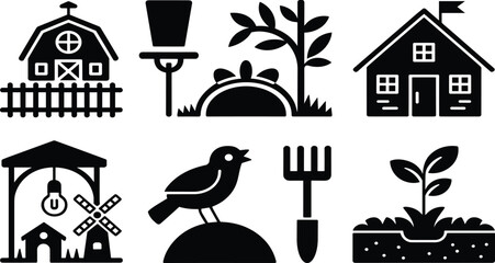 Farm silhouette icon set barn house garden bird windmill tools rural agriculture vector illustration collection © Rayhan