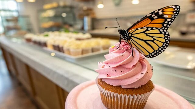Cupcake butterfly dessert bakery sweet pink frosting monarch closeup colorful sugar sprinkle
