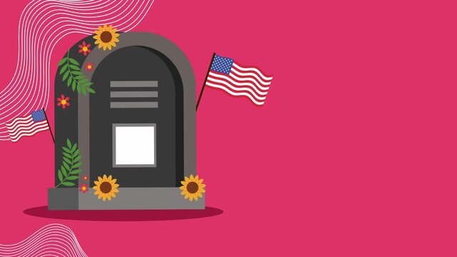 grave monument with flowers and american flag on red wavy background design