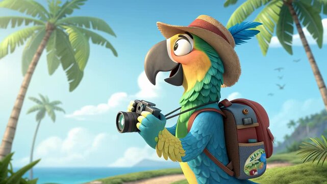 Cartoon parrot tropical bird summer vacation beach travel adventure joyful photography