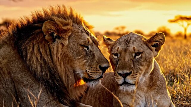 Lion pair showing affection in African savanna at golden sunset