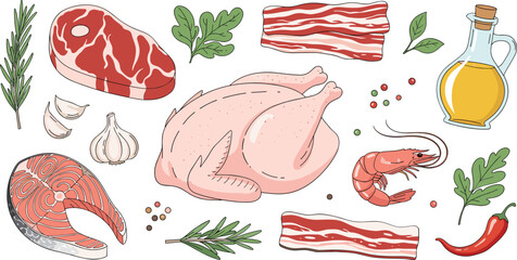 Fresh Meat and Seafood Set with Steak Chicken Salmon Shrimp Bacon and Cooking Ingredients Vector Illustration © Sumon Creative
