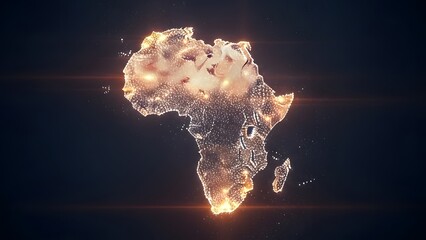 African continent map made of glowing dots. Continental connectivity and emerging markets. Map of Africa illuminated by light points representing digital infrastructure