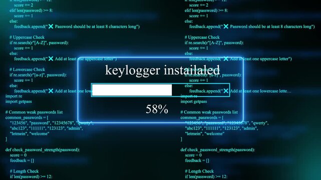 progress bar shows 100% percent of keylogger installed on a background of computer code programming on text background. 4k animation