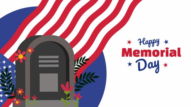 happy memorial day celebration with american flag and headstone in flat design