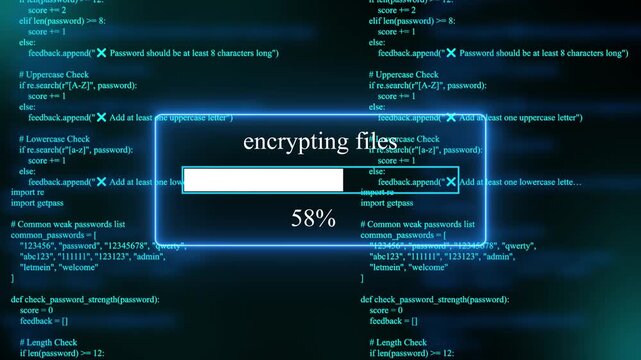 progress bar shows 100% percent of  encrypting fdes on a background of computer code programming on text background. 4k animation 