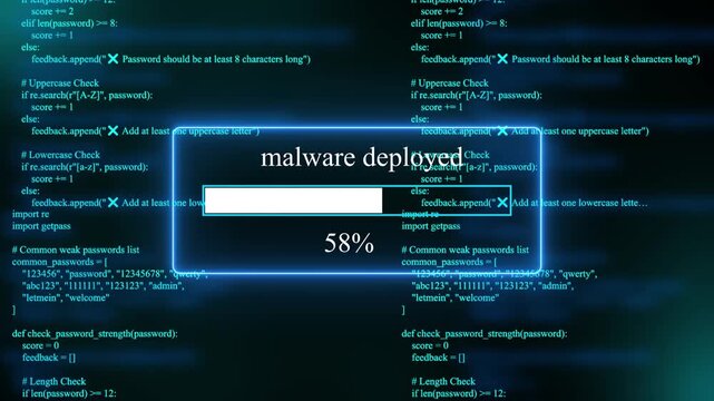 progress bar shows 100% percent of  malware deployed on a background of computer code programming on text background. 4k animation 