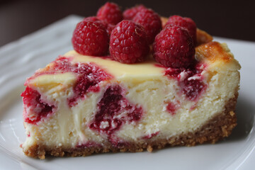 slice of raspberry and white chocolate cheesecake close up