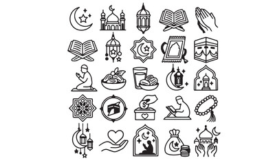 Set of Islamic and Ramadan symbols and icons isolated on white background