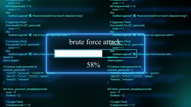 progress bar shows 100% percent of  brute force attack on a background of computer code programming on text background. 4k animation 