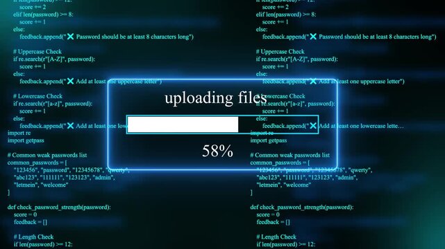 progress bar shows 100% percent of  uploading files on a background of computer code programming on text background. 4k animation 
