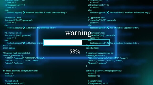 progress bar shows 100% percent of  warning on a background of computer code programming on text background. 4k animation 
