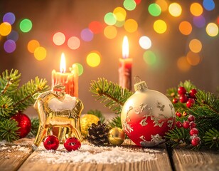Festive holiday scene with candles, ornaments, and evergreen