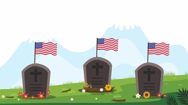 memorial day three headstones with american flags on a green grassy field