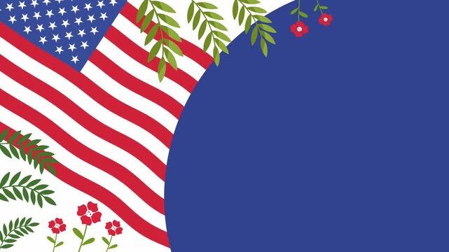 happy memorial day background with large american flag and green tropical leaves