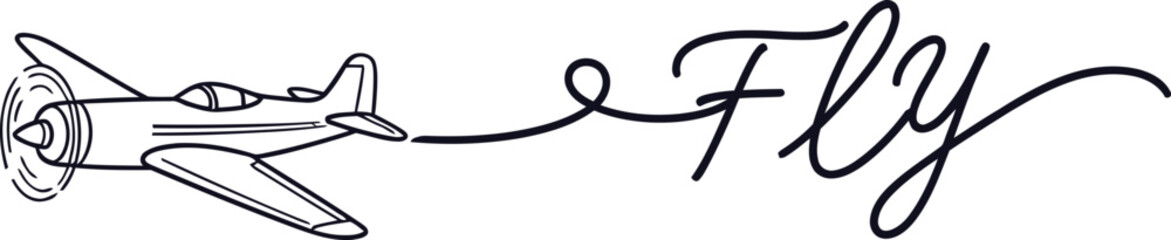 Minimalist line art illustration of a vintage propeller airplane drawing the word 'Fly' with a smoke trail © DesignVirtuoso