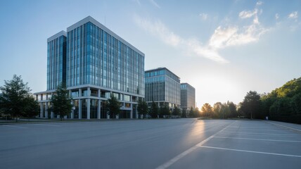 Fototapeta premium Large empty asphalt parking lot in front of modern glass office buildings at golden hour