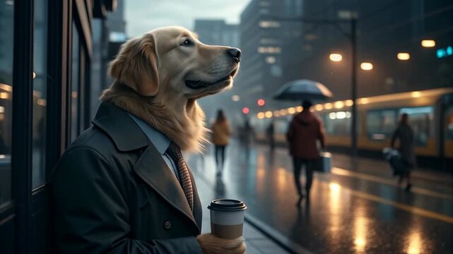 Golden retriever dog in trench coat with coffee cup on rainy city night street reflections