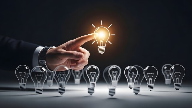 Finding the right business idea and leadership. Innovation and creative selection. Businessman hand pointing at one glowing lightbulb among several dark glass bulb icons.