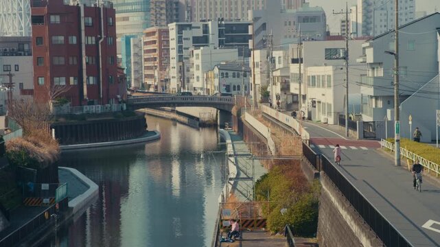 Modern Tokyo Skytree structure overlooking compact Taito housing blocks.
