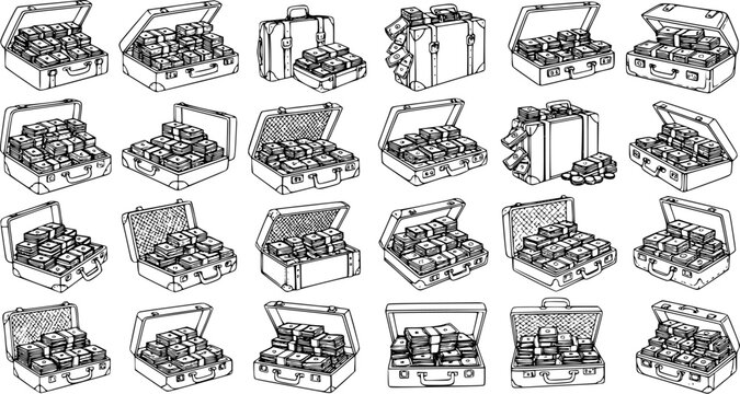 Suitcases Full of Money: Line Art Illustration