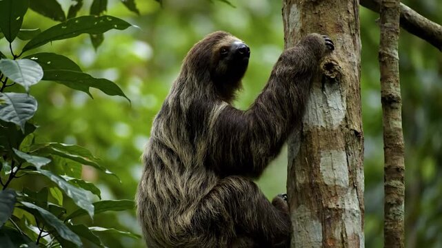 Three-toed sloth climbing a tree in the Amazon rainforest.