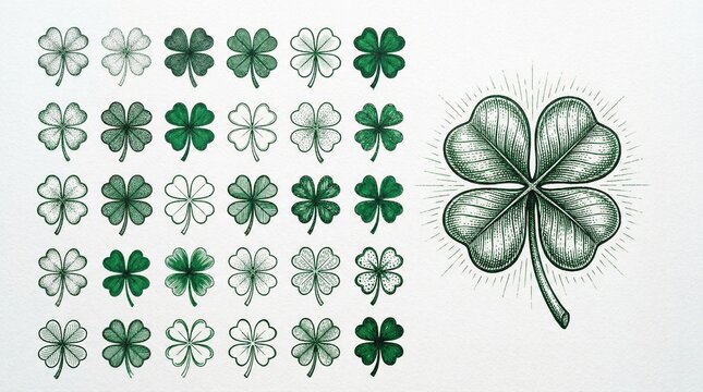 Lucky Charms: Hand-Drawn Four-Leaf Clover Vector Set for St. Patrick's