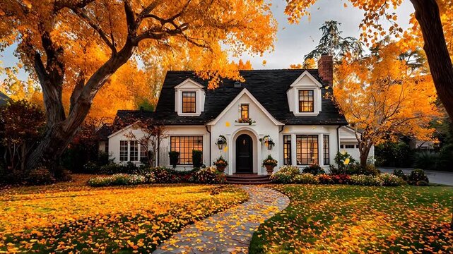 Picturesque suburban luxury home exterior in autumn featuring a perfectly manicured lawn covered with vibrant golden fallen tree leaves.