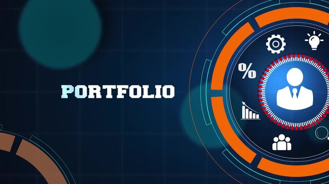 Business portfolio management and strategic investment concept on a high tech digital blue background with glowing icons for professional growth and success