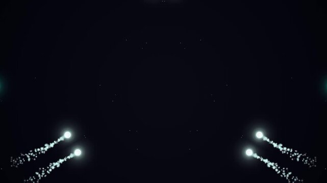 Dynamic symmetrical light streaks illuminating a dark night sky, creating an abstract celestial display with glowing trails and luminous effects ascending from the void