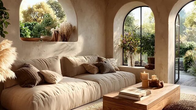 Warm minimalist wabi-sabi living room featuring a comfortable beige linen sofa alongside a textured woven rug and fluffy pampas grass.
