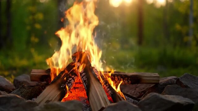 Golden Hour Fire Pit Medium shot, from a slightly elevated perspective, showcasing a contained fire pit against a soft, golden background.