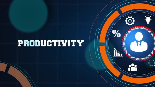 Business operational productivity and process management strategy concept on a digital blue background with glowing icons for professional growth and success