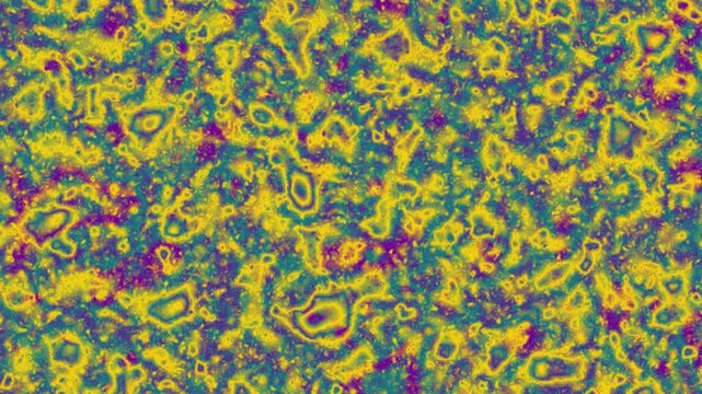 abstract psychedelic grunge thermal map animation, seamless loop of vibrant yellow and purple iridescent textures for trippy motion graphics background