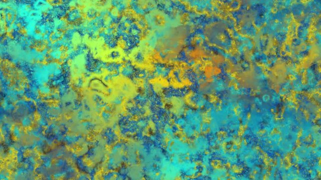 abstract turquoise and yellow verdigris animation, seamless loop of oxidized patina and grunge corrosion textures for chemical or marine motion graphics background