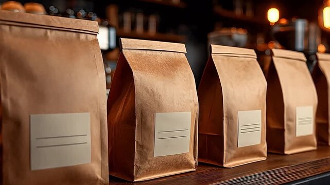 Row of brown kraft paper coffee bags with blank white labels stands on a counter with espresso machine in background and soft bokeh lighting.