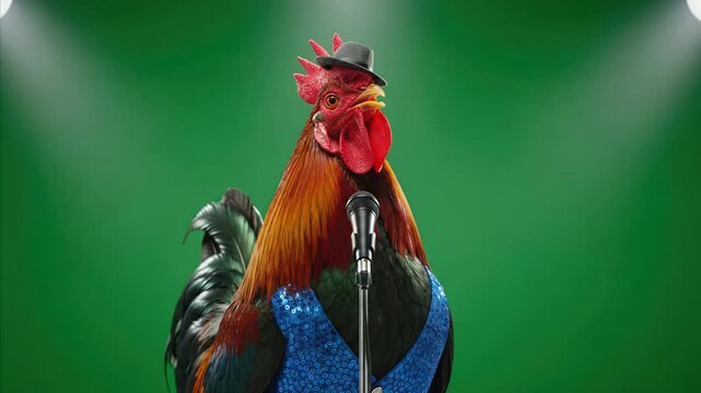 Rooster in a hat and vest sings into a microphone on a green screen stage