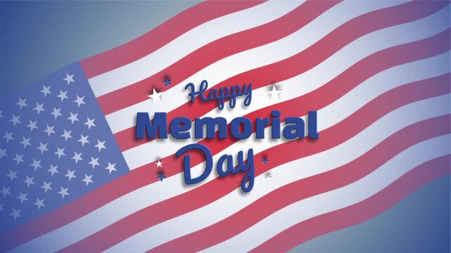 memorial day text over a large waving american flag with blue background