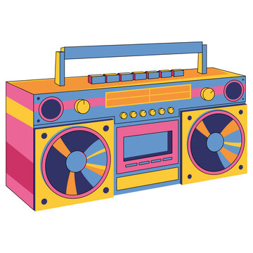 Retro boombox in isometric flat style. Colorful 80s&ndash;90s stereo system, portable audio player, vintage music technology isolated on white background. Vector illustration